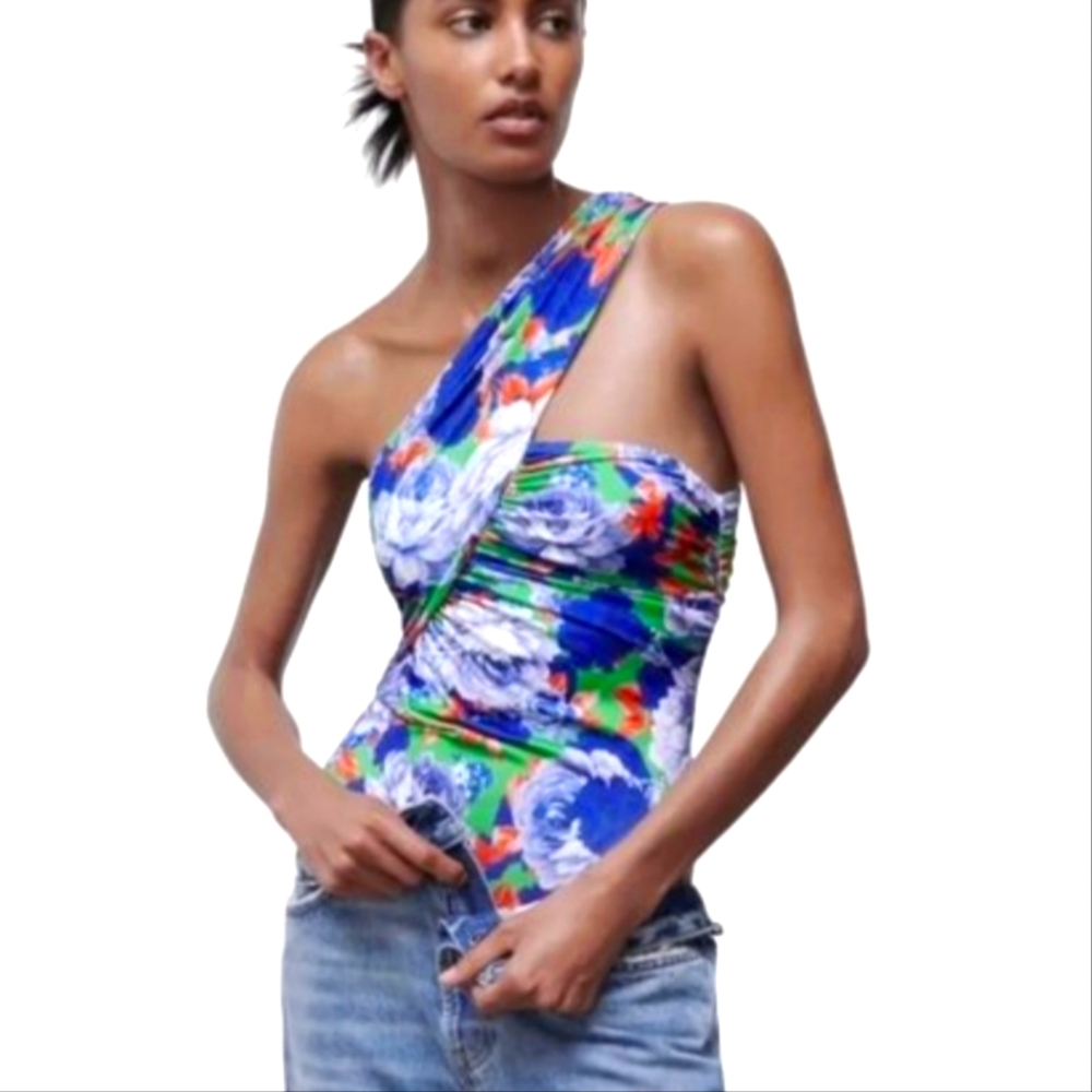 NEW Zara Bright Floral Faux Wrap Shirred One Short Asymmetric Bodysuit